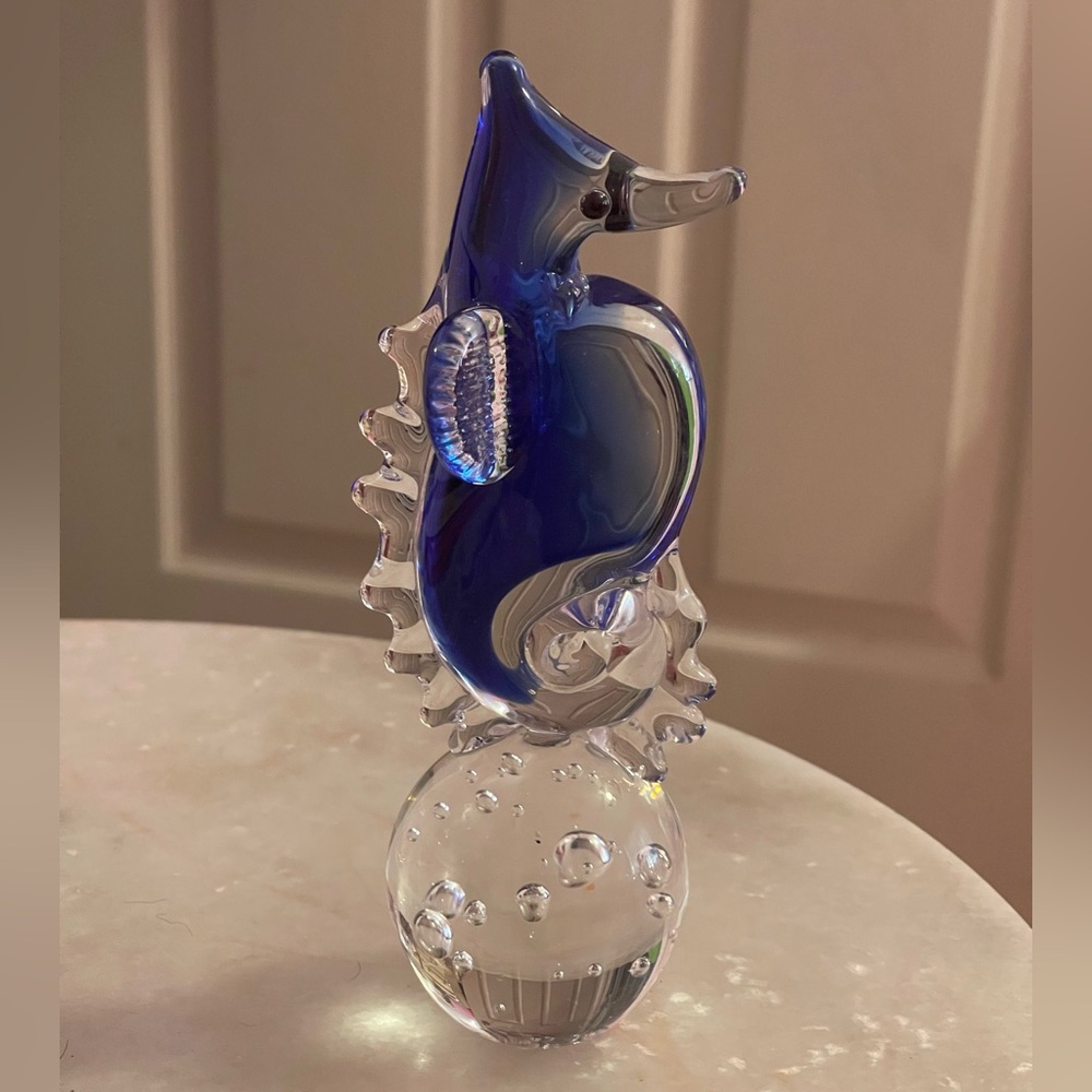 Blue Art Glass Seahorse Figurine or Paperweight Cobalt/Clear Blown Glass